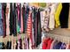 Walk-in closet with clothing hanging on rods and handbags on shelves at 26 Concord Dr, Dunedin, FL 34698