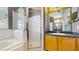 Bathroom featuring walk-in shower, tub, and wood vanity with granite counter top at 2728 Abbey Grove Dr, Valrico, FL 33594