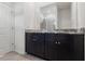 Bathroom featuring a double sink vanity with dark cabinetry, granite counters, and a glass shower at 3762 Mossy Limb Ct, Palmetto, FL 34221