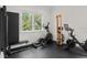 Bright exercise room featuring modern equipment, a bench, and a large window overlooking a green space at 534 Ladrone Ave, Tampa, FL 33606