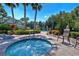 Outdoor hot tub on a brick patio with manicured landscaping and a view of the clubhouse at 7244 Wild Oak Ln, Land O Lakes, FL 34637