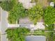 Aerial view of a home with a brown roof, surrounded by mature trees and a concrete driveway and patio at 1226 E Henry Ave, Tampa, FL 33604
