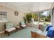 Inviting screened porch featuring an outdoor rug, comfortable seating, and string lights for a cozy ambiance at 1226 E Henry Ave, Tampa, FL 33604