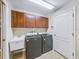Functional laundry room with dark wood cabinets, laundry sink, and modern washer and dryer units at 1338 Winding Willow Dr, Trinity, FL 34655