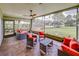 Screened-in patio with wicker furniture, red cushions, ceiling fan, and a view of the lush green lawn at 1338 Winding Willow Dr, Trinity, FL 34655