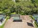 An aerial view showcases the screened pool and mature landscaping of this beautiful single Gathering home at 14228 Teasdale Ave, Hudson, FL 34667