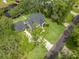 Wonderful aerial view of a landscaped property with a lovely home, mature trees, and circular driveway at 18202 Abbey Ln, Lutz, FL 33548