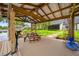 Well-maintained boat dock with a picnic table, overhead lighting, and easy access to the water at 18202 Abbey Ln, Lutz, FL 33548