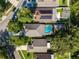 Aerial view showcases a home with a pool, mature landscaping, and neighborhood surroundings at 2043 Wrangler Dr, Brandon, FL 33511