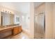 Well-lit bathroom featuring granite countertop vanity, large mirror, soaking tub and shower at 2043 Wrangler Dr, Brandon, FL 33511