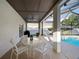 Inviting covered patio featuring a ceiling fan, outdoor seating and a view of the sparkling pool at 2043 Wrangler Dr, Brandon, FL 33511