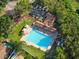 Aerial view of a sparkling community pool surrounded by lush greenery and ample parking at 2043 Wrangler Dr, Brandon, FL 33511