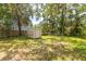 A backyard scene showing a weathered storage shed set amongst mature trees and grassy terrain at 214 W Hanna Ave # A, Tampa, FL 33604