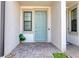 Inviting front entrance with a light blue door, stylish stonework, and a window providing natural light at 2487 Golden Pasture Cir, Clearwater, FL 33764