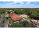 Aerial view of several professionally maintained red clay tennis courts, nestled amid lush green landscaping and mature trees at 3337 Crescent Oaks Blvd, Tarpon Springs, FL 34688