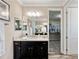 Bright bathroom featuring a sink with granite countertops, dark cabinetry, and a view into the walk-in closet at 3532 Wicket Field Rd, Lutz, FL 33548