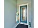 Stylish front door with decorative glass and blue trim, complemented by a surfboard at 5415 Limelight Dr, Apollo Beach, FL 33572