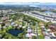 Panoramic aerial view highlighting a home with a pool and scenic water views at 5473 Bayshore Dr, Seminole, FL 33772