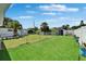Backyard showcasing lush green lawn with a fenced perimeter, storage shed, and tropical landscaping at 6554 34Th N Ave, St Petersburg, FL 33710