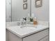 Bathroom vanity with silver fixtures, light gray cabinets, white marble countertop, and decorative accents at 8423 Praise Dr, Tampa, FL 33625
