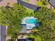Aerial view of a private pool and spa surrounded by lush trees and a well-manicured backyard at 8645 Piper Ln, Seminole, FL 33777
