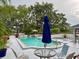 Enjoy the Florida sunshine in this beautiful pool area with lounge chairs and lush landscaping at 8645 Piper Ln, Seminole, FL 33777