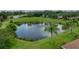 Aerial view of a pond with a fountain, showcasing the community's lush landscaping at 12413 Woodlands Cir, Dade City, FL 33525