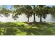 Lush backyard featuring mature trees, fire pit, and lake access at 1313 Oxbridge Dr, Lutz, FL 33549