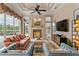 An open living room with modern furnishings, a cozy fireplace, and a view of the outdoor pool area creating a warm atmosphere at 17921 Arbor Haven Dr, Tampa, FL 33647