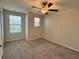 Empty bedroom with a ceiling fan, two windows, and neutral-colored walls and carpeting at 4448 Globe Thistle, Tampa, FL 33619