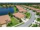 Aerial view of this house shows the beautiful green landscape and lake view from the backyard at 5422 Sunset Falls Dr, Apollo Beach, FL 33572