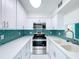 Bright kitchen features white cabinets, stainless steel appliances, and a stylish blue backsplash at 599 Westwinds Dr # 9, Palm Harbor, FL 34683