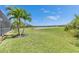 Expansive grassy backyard with lush tropical landscaping and a serene water view in a desirable community at 7420 Paradiso Dr, Apollo Beach, FL 33572