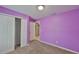 Carpeted bedroom, painted in a purple hue, featuring a closet and interior door at 11415 Bright Star Ln, Riverview, FL 33569
