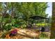 Beautiful backyard patio featuring outdoor seating, lush landscaping, and a tranquil ambiance perfect for relaxing at 12134 Tournament View Ave, New Port Richey, FL 34654