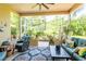 Screened patio with outdoor furniture, including a cozy blue couch and a variety of potted plants for a relaxing atmosphere at 12134 Tournament View Ave, New Port Richey, FL 34654