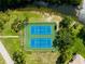 Aerial view of two well-maintained tennis courts surrounded by lush greenery and a serene lake at 12134 Tournament View Ave, New Port Richey, FL 34654
