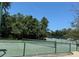Outdoor tennis court with green surface, enclosed by a fence, under a bright blue sky and mature landscaping at 16502 Windsor Park Dr, Lutz, FL 33549