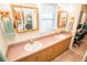 Well-lit bathroom featuring double sinks, ample counter space, and wood cabinetry at 2060 Saffold Park Dr, Ruskin, FL 33570