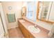 Bright bathroom with double sinks, wood cabinets, and neutral countertops at 2060 Saffold Park Dr, Ruskin, FL 33570