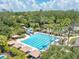 Aerial view of a community pool with a waterslide and surrounding palm trees at 27546 Stonecreek Way, Wesley Chapel, FL 33544