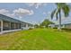 Spacious backyard featuring lush green grass and mature palm trees on a sunny day with partial views of neighboring homes at 301 Kings Blvd # 130, Sun City Center, FL 33573