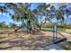 Community playground featuring slides, climbing structures, and swings, surrounded by wood chip ground cover at 4211 Elba Pl, Valrico, FL 33596