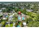 Aerial view of a residential area featuring in-ground pools, fenced yards, and surrounding green foliage at 4489 57Th N Ave, St Petersburg, FL 33714