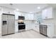 Modern kitchen with stainless steel appliances, white cabinetry, and stylish countertops, offering a functional and elegant design at 8375 Burgundy N Dr, Pinellas Park, FL 33781