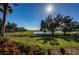 Scenic golf course view with lush greenery, a tranquil lake, and mature trees on a bright, sunny day at 1012 Tuscany Dr, Trinity, FL 34655