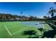 Outdoor tennis court featuring well maintained surface, tall trees and shaded benches at 1012 Tuscany Dr, Trinity, FL 34655