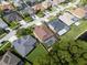 Aerial view of homes in a residential area with backyard pools and well-maintained lawns at 12918 Tar Flower Dr., Tampa, FL 33626