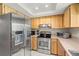 Efficient kitchen featuring stainless appliances, wood cabinets and bright lighting at 214 Caryl Way, Oldsmar, FL 34677