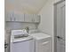 Convenient laundry room includes washer, dryer, and overhead cabinets for storage at 3633 Springville Dr, Valrico, FL 33596